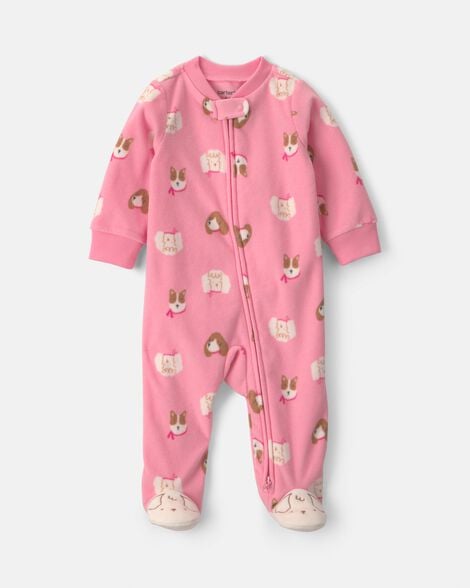 baby girl dog fleece 2-way zip sleep & play pajamas - pink