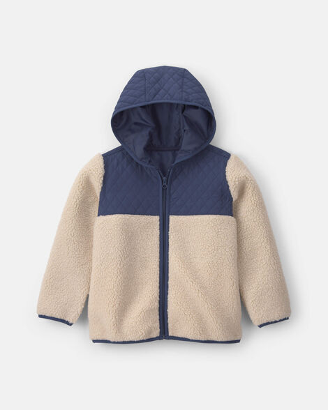 boys teddy fleece color block zip-up hoodie - navy blue/cream