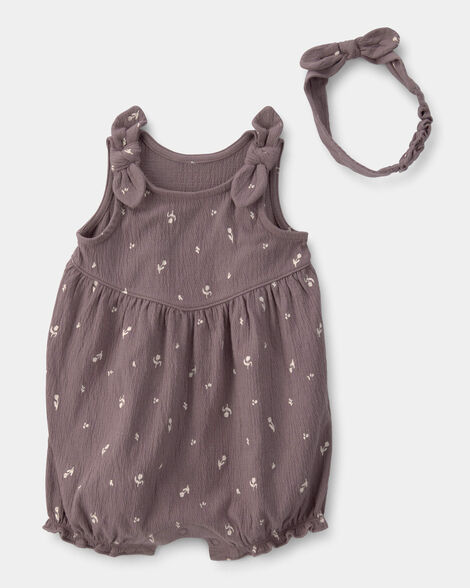 baby girl 2-piece floral sleeveless romper set - brown