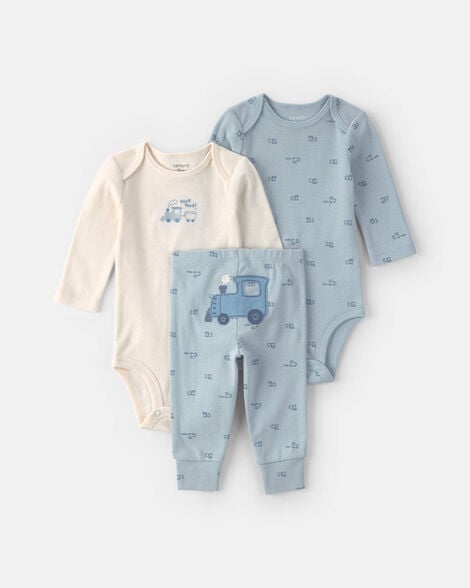baby boy 3-piece train long-sleeve bodysuit & pant set - blue/cream