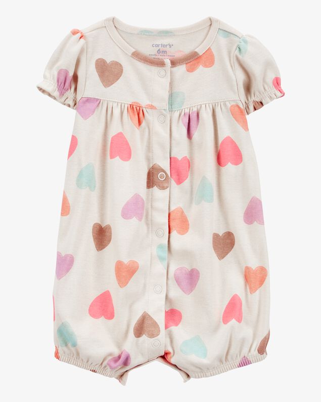 Product image 1 of Baby Girl Heart Print Ribbed Short-Sleeve Romper - Tan