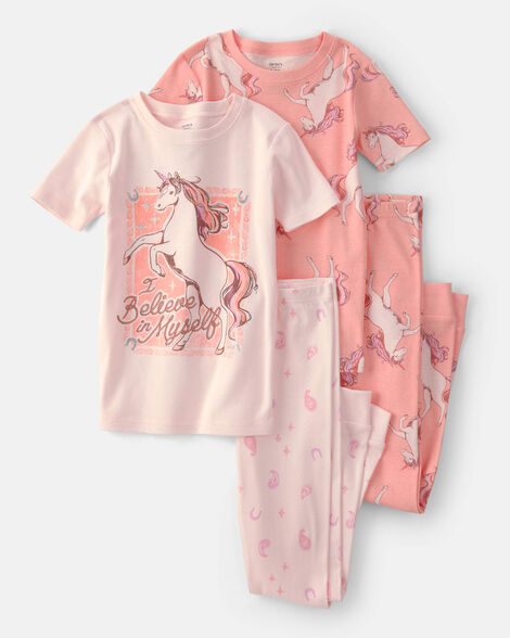 girls unicorn 100% cotton snug fit 4-piece pajama set - pink