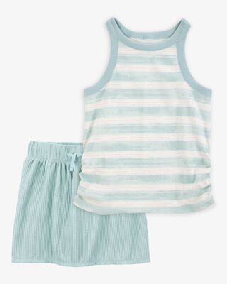 Product image 1 of Kid 2-Piece Ribbed Tank Top & Textured Drawstring Skort Set - Green