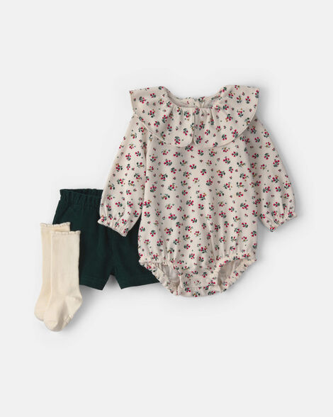 baby girl 3-piece floral corduroy long-sleeve bodysuit & short set