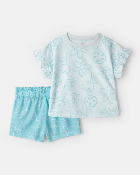 toddler girl floral ladybug short-sleeve loose fit 2-piece pajama set - blue