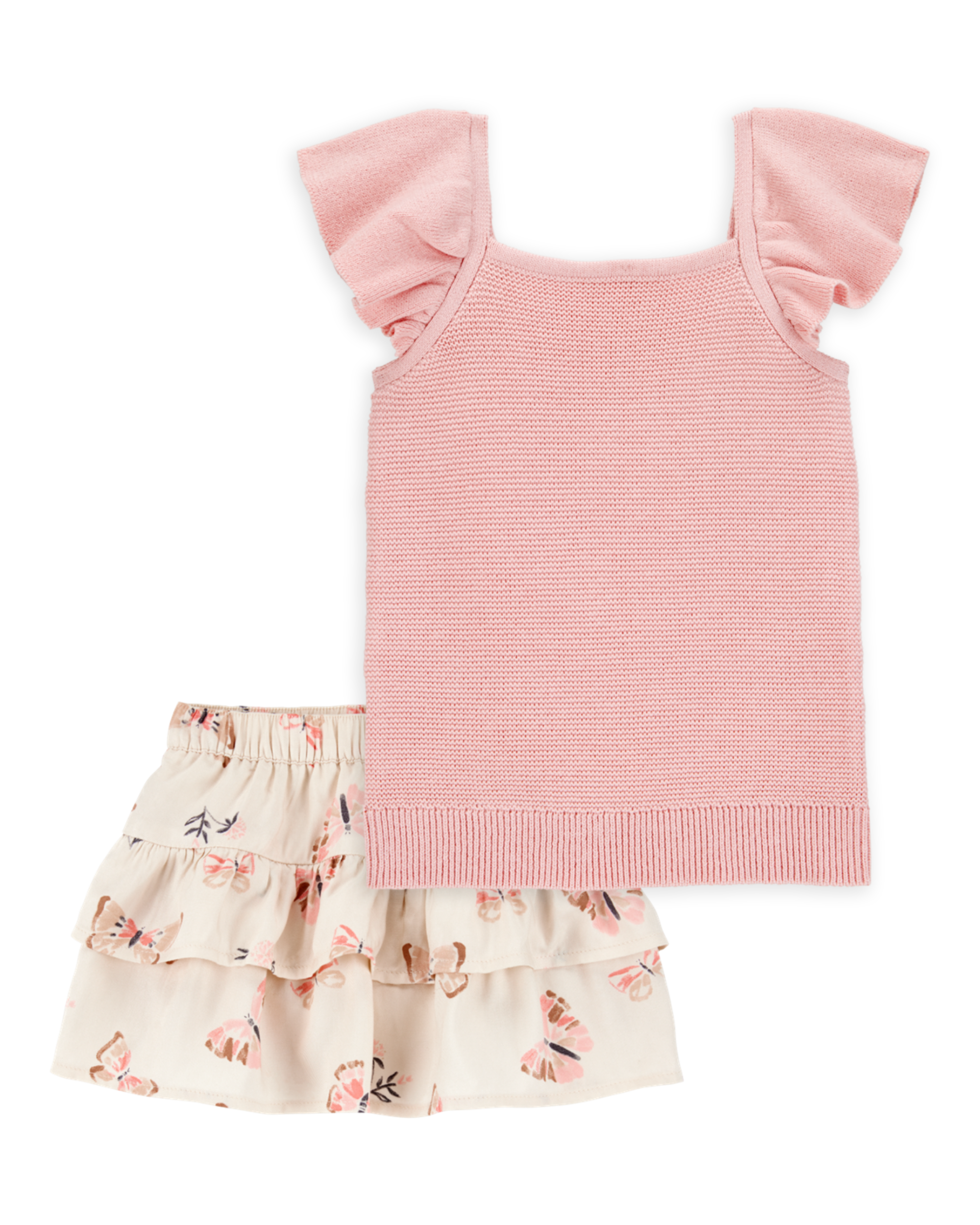 Baby 2-Piece Flutter-Sleeve Rib Tank & Butterfly Ruffle Skort Set - Pink/Ivory