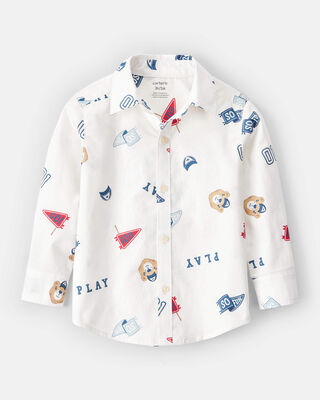 Product image 1 of Toddler Boy Varsity Bear Print Long-Sleeve Button-Down Shirt - White
