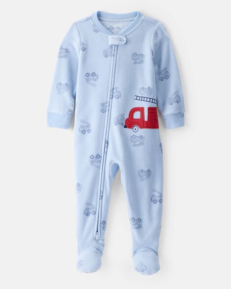 toddler boy firetruck loose fit long-sleeve 1-piece pajamas - blue