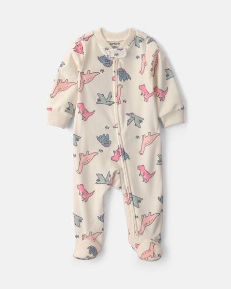 baby girl dinosaur fleece 2-way zip dreamplush sleep & play pajamas - cream