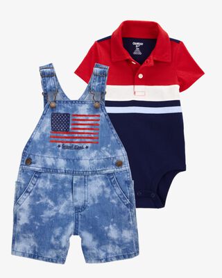 Product image 1 of Baby 2-Piece Striped Polo Bodysuit & Flag Print Shortalls Set