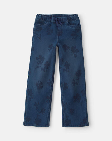 Girls Floral Denim Straight Jeans - Medium Wash