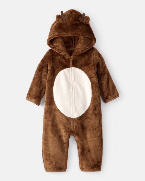 baby reindeer sherpa hooded jumpsuit - brown