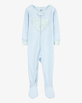 Product image 1 of Toddler Heart Striped Snug Fit Cotton Footie 1-Piece Pajamas - Blue
