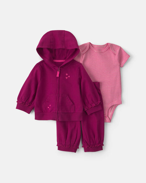 baby girl 3-piece heart french terry layering set - burgundy