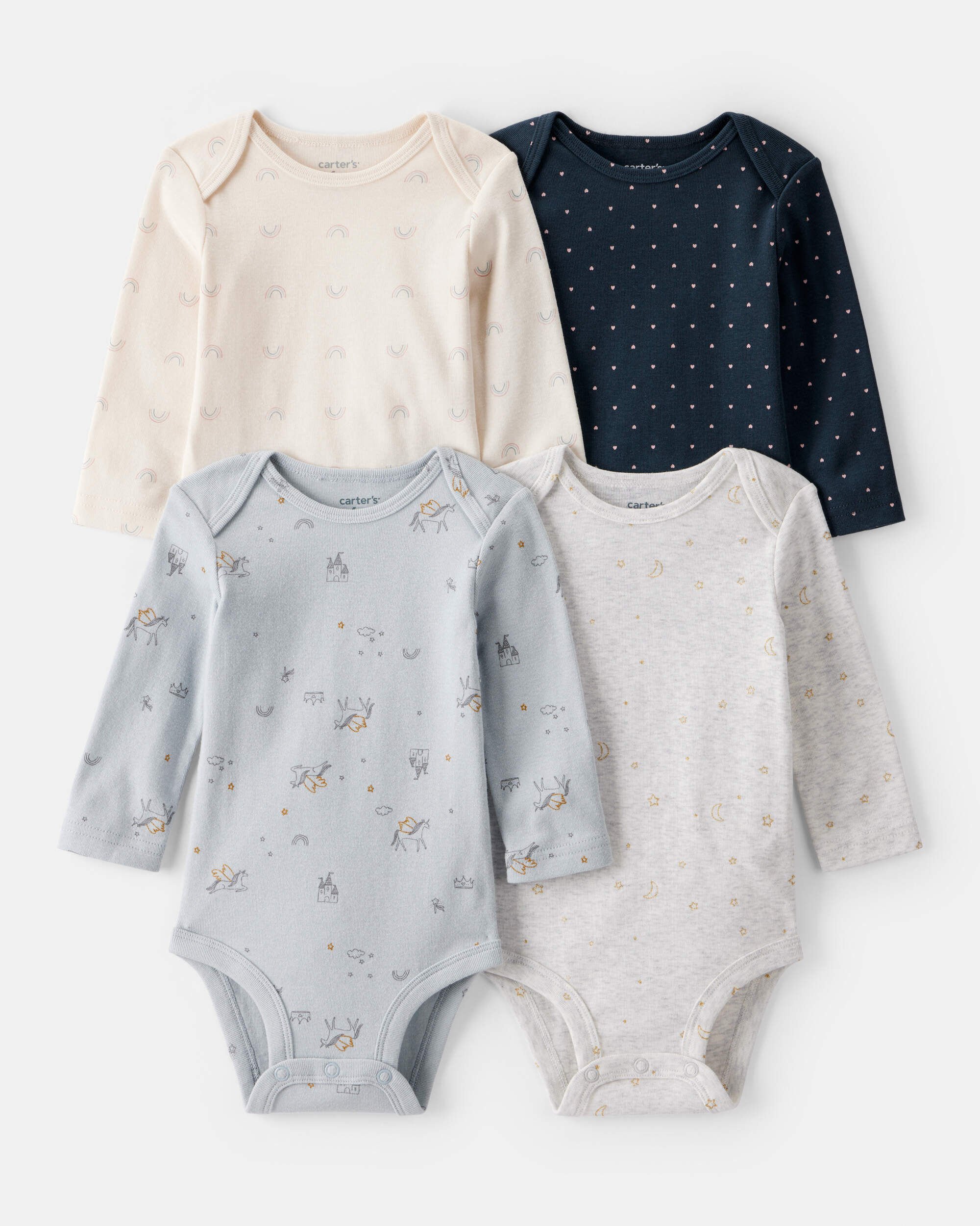 Baby Girl 4-Pack Unicorn, Heart, Star Print Long-Sleeve Multipack Bodysuits - Navy Blue/White