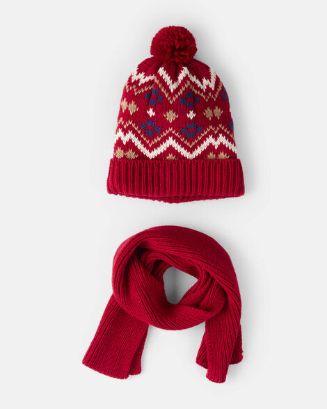 kid 2-piece fair isle winter hat & scarf - red