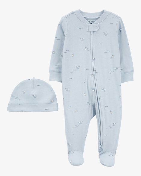 Product image 1 of Baby Blue Airplane 2-Piece Sleep and Play Pajamas and Cap Set