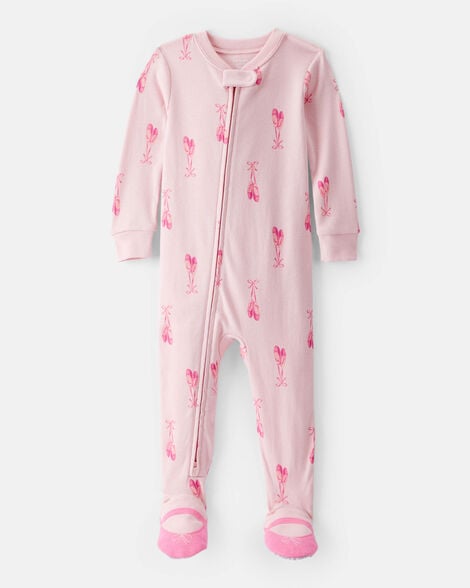  Product image 1 of Baby Girl Ballet Print 100% Cotton Long-Sleeve 2-Way Zip 1-Piece Pajamas - Pink