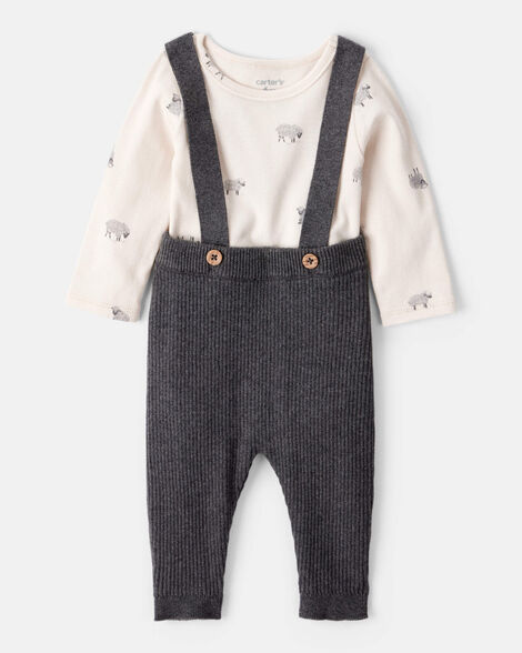 baby boy sheep print cotton long-sleeve overall set - white/grey