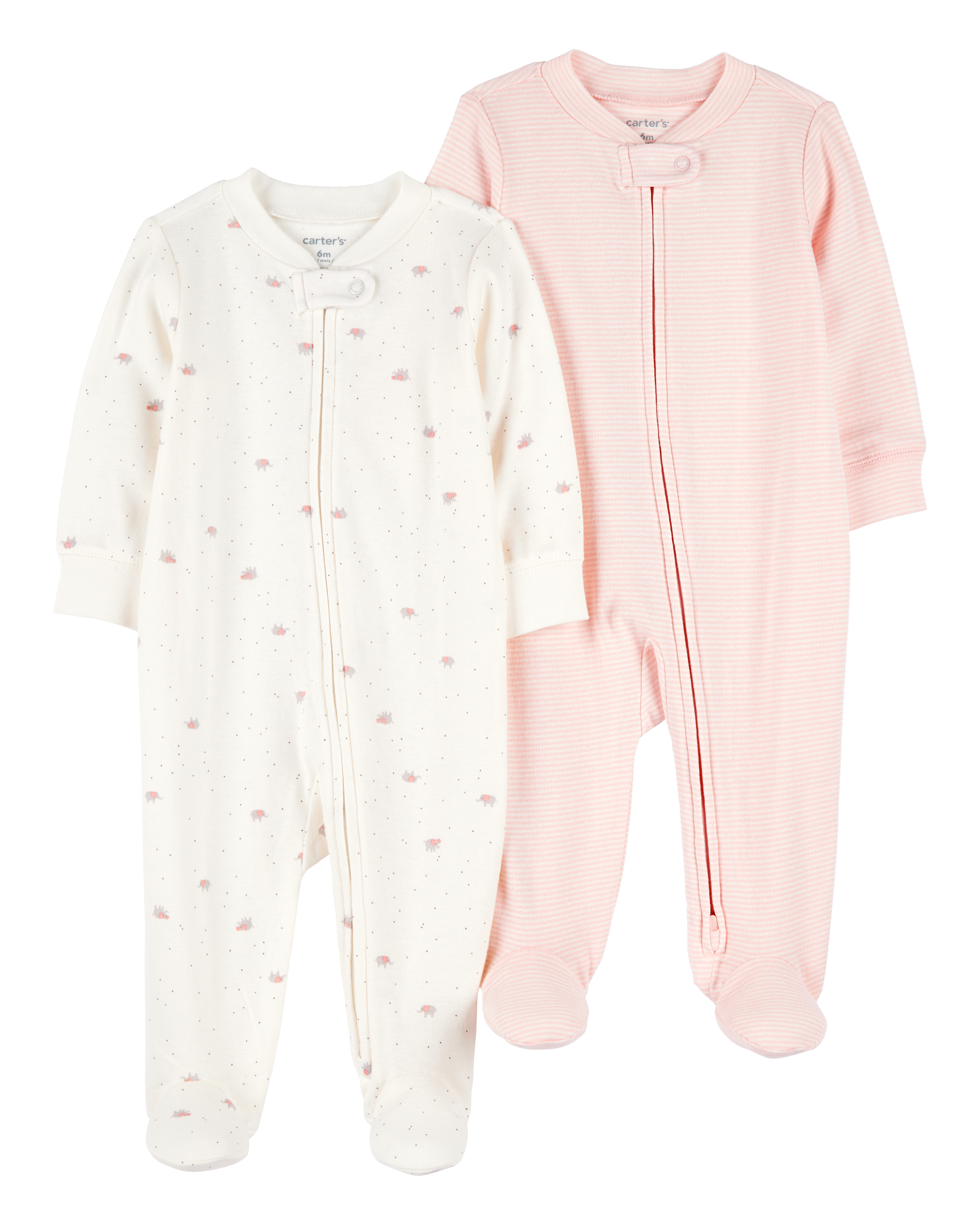 Baby Girl 2-Pack 2-Way Zip Cotton Sleep & Play Pajamas - White/Pink
