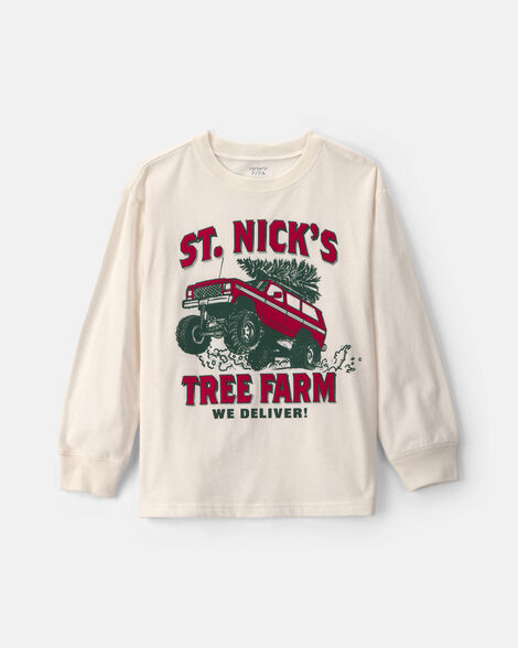 boys 'st. nick's tree farm' long-sleeve graphic tee - cream