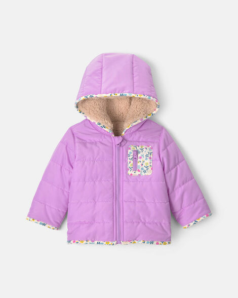 baby girl teddy fleece-lined puffer jacket - purple