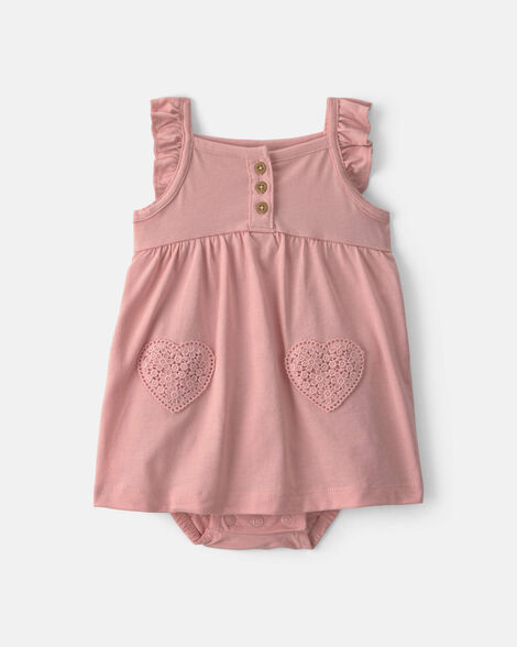baby girl crochet heart romper - pink