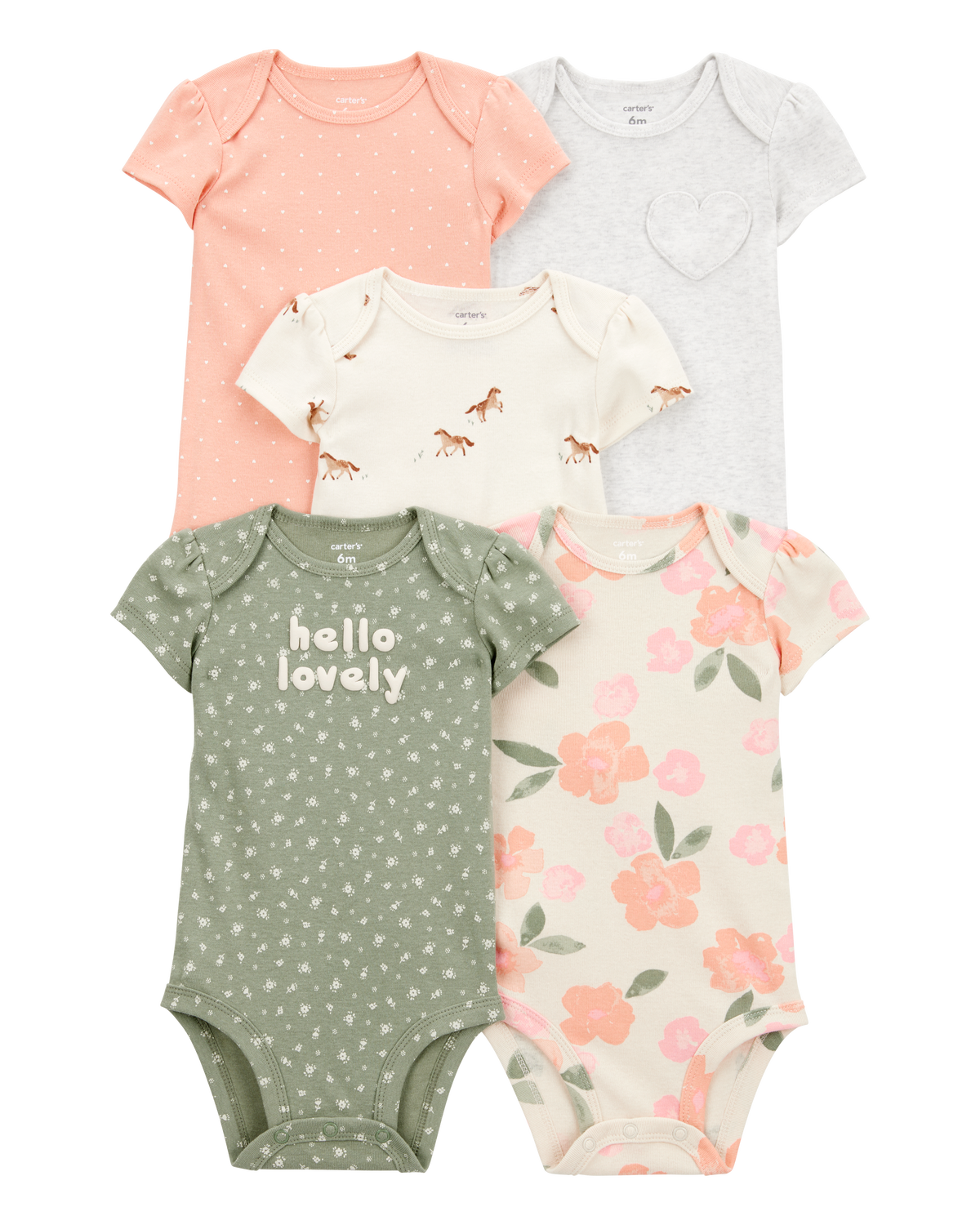 Baby Girl 5-Pack Floral Horses Short-Sleeve Cotton Bodysuits - Pink/Green
