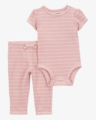 Product image 1 of Baby 2-Piece Striped Short-Sleeve Waffle Knit Bodysuit Pant Set