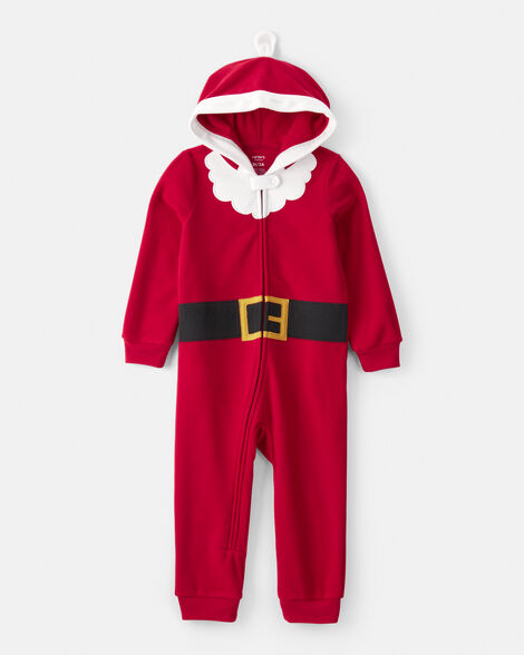toddler santa fleece hooded zip-up 1-piece pajama jumpsuit - red
