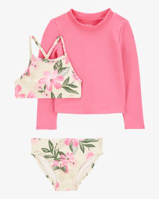 Product image 1 of Toddler 3-Piece Tropical Floral Rashguard Swim Set - Pink/Cream