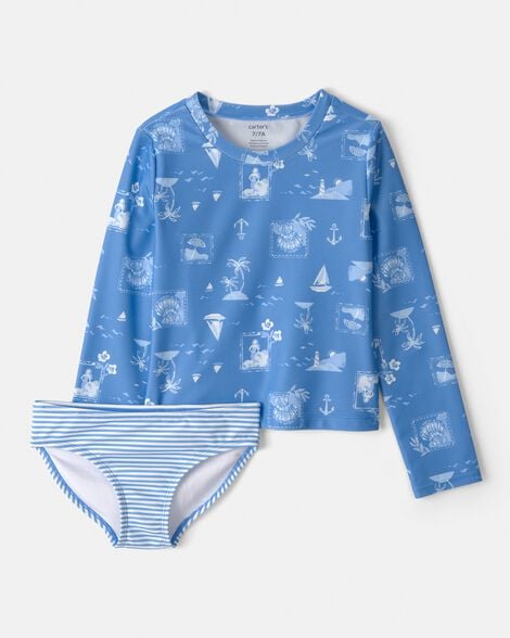girls 2-piece sailboat long-sleeve rashguard swimsuit set - blue