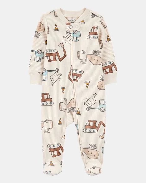 Image of Baby Boy Construction 2-Way Zip Ribbed Sleep & Play Pajamas - Cream