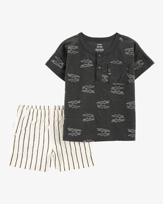 Product image 1 of Toddler 2-Piece Alligator Henley Tee & Striped Pull-On Shorts