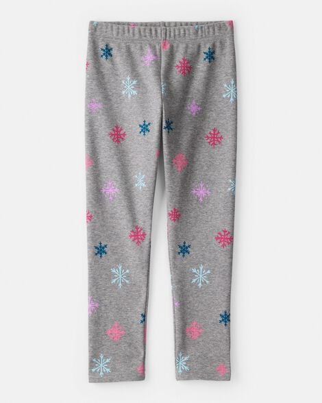 girls snowflake cozy fleece pull-on stretch leggings - grey