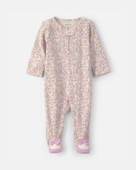 baby girl floral 2-way zip sleep & play pajamas - pink/ivory
