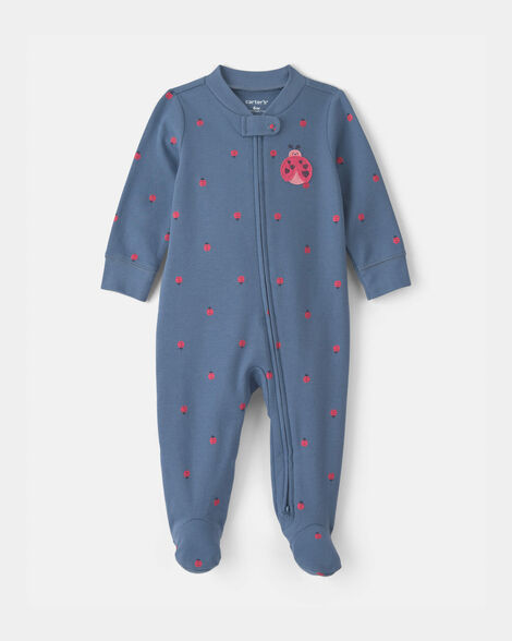 baby girl ladybug 100% cotton 2-way zip sleep & play pajamas - blue