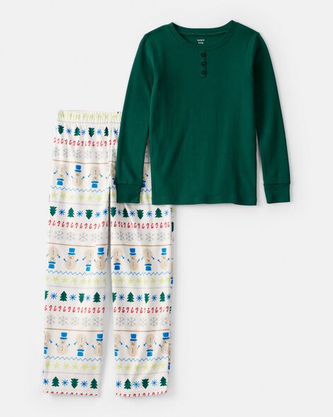 kid snowman fair isle cotton long-sleeve snug fit 2-piece pajamas - green/white