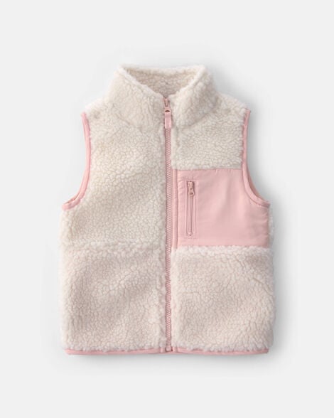 toddler girl teddy fleece vest - cream/pink
