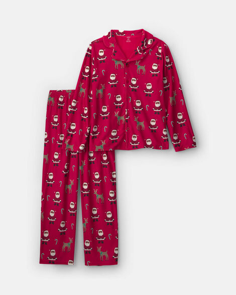 adult 2-piece brown santa christmas fleece loose fit pajama set - red