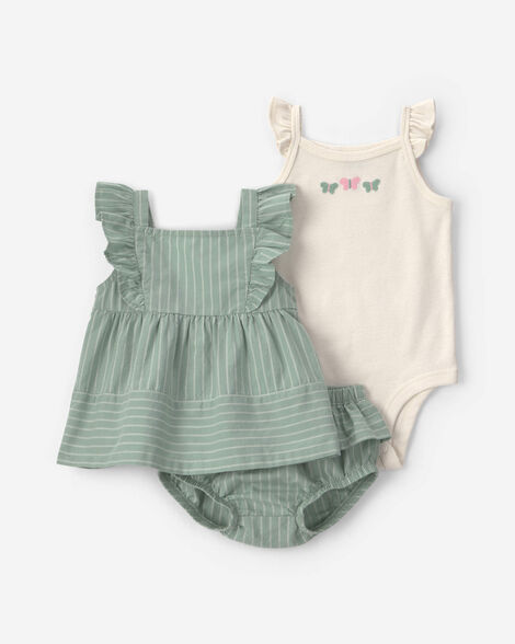baby girl 3-piece butterfly poplin bodysuit & short set - green/cream