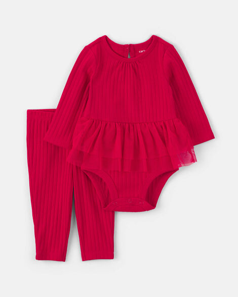 baby girl 2-piece long-sleeve bodysuit & pant set - red