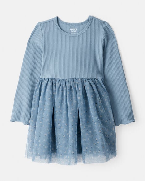 toddler girl floral print long-sleeve dress - blue