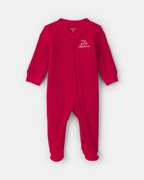 baby 'my first christmas' cotton thermal sleep & play pajamas - red