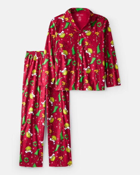 adult dr. seuss™ the grinch print fleece long-sleeve loose fit 2-piece pajamas - red