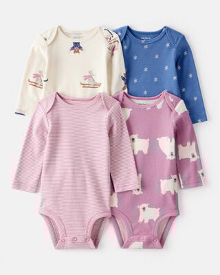 Baby Girl 4-Pack Koala Print Cotton Long-Sleeve Multipack Bodysuits - Purple/White/Pink