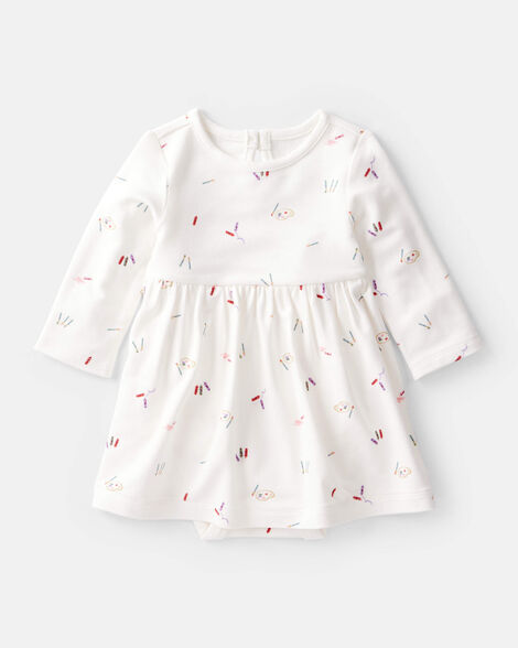 baby girl paint print purelysoft long-sleeve bodysuit dress - ivory