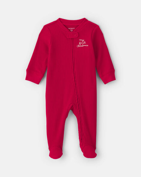 baby 'my first christmas' cotton thermal sleep & play pajamas - red