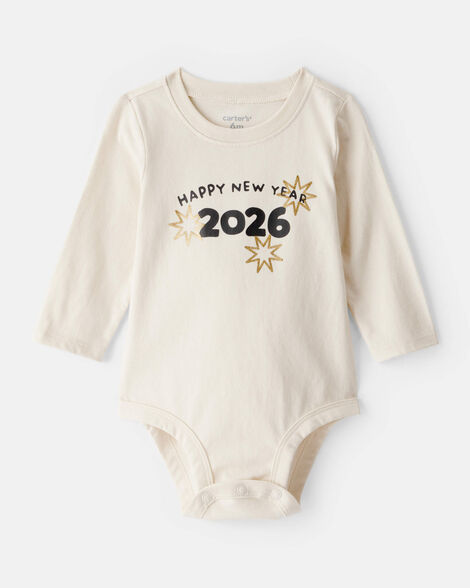 baby new year's long-sleeve graphic bodysuit - cream