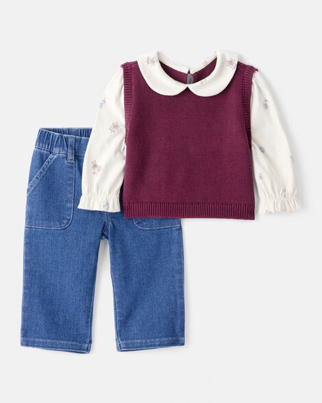 baby girl 2-piece floral collared shirt & pant set - maroon/blue